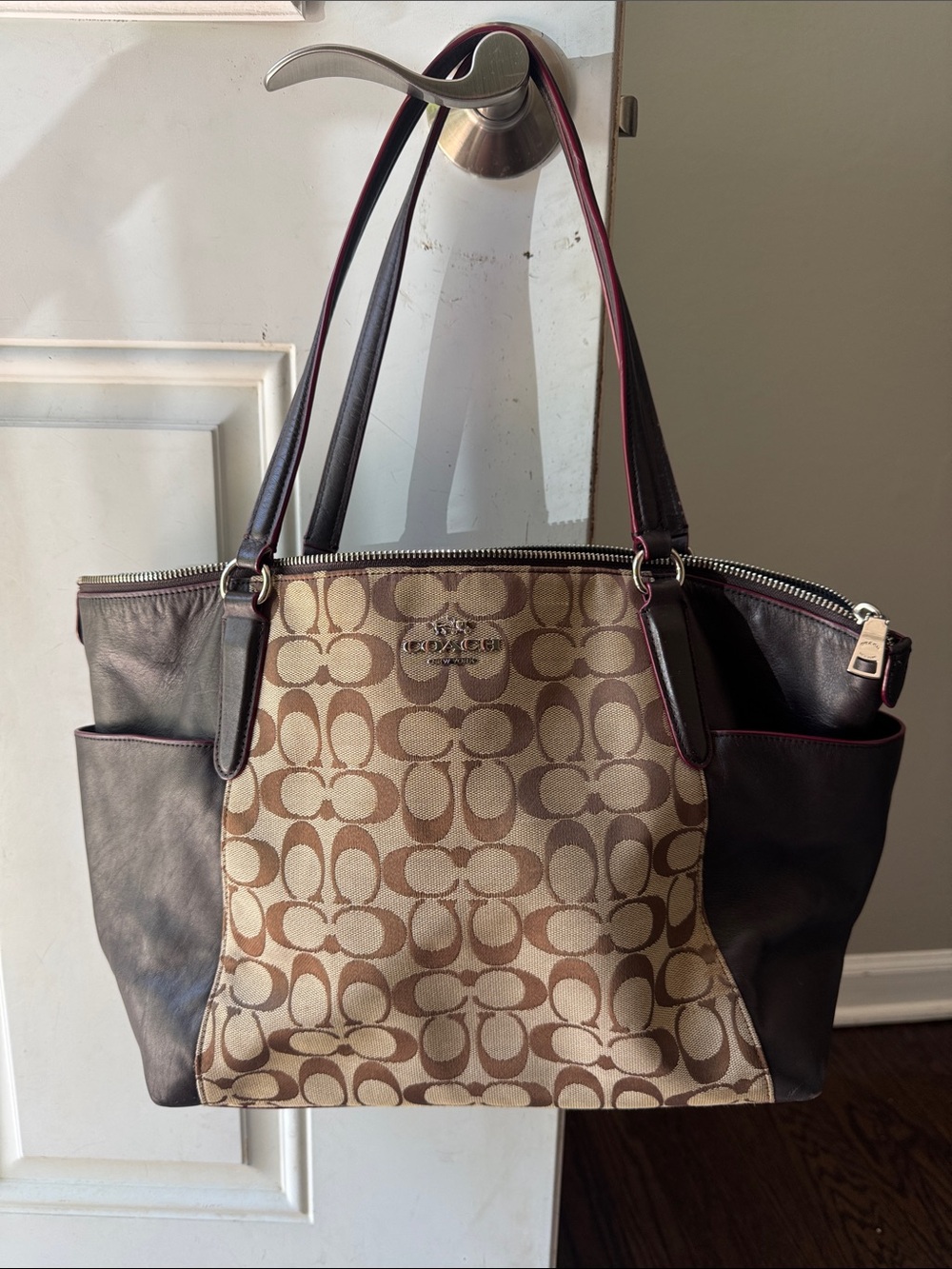 Coach Khaki Signature Canvas Tote with Brown Leather Trim
